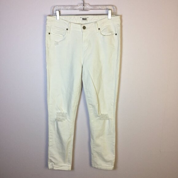 Paige Skyline Crop Jeans Sz 31 Womens White Denim Distressed Cuffed Hem Mid Rise - Picture 1 of 14